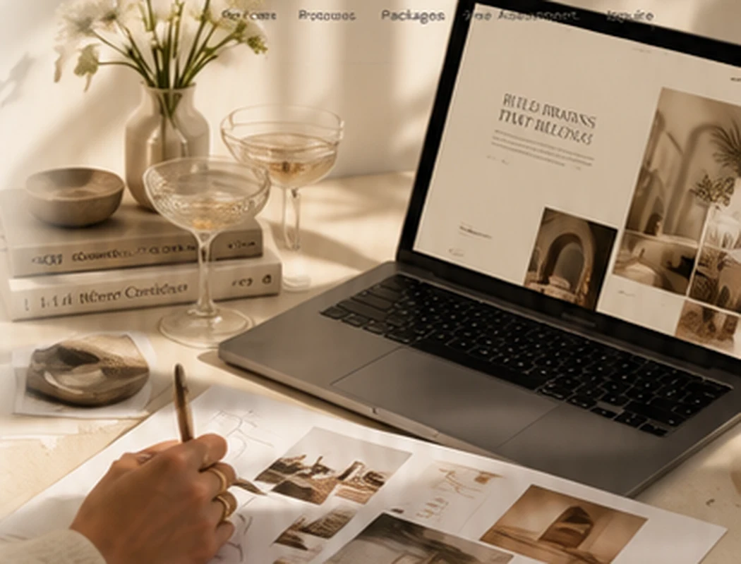 Creative direction workspace with design sketches, laptop, and visual inspiration